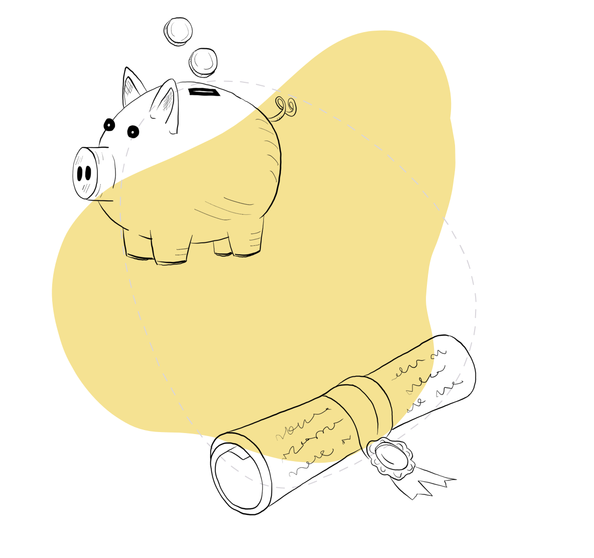 Illustration of diploma and piggy bank